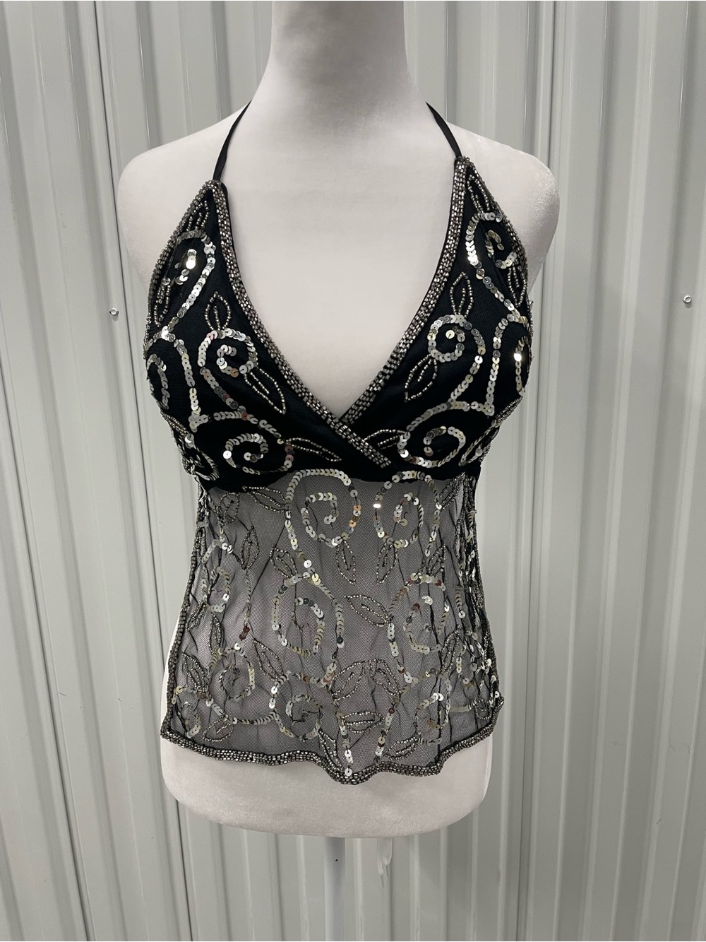 Papaya Y2K Black Sequin Beaded Trim Halter Top Small Festival Concert Rave Fairy